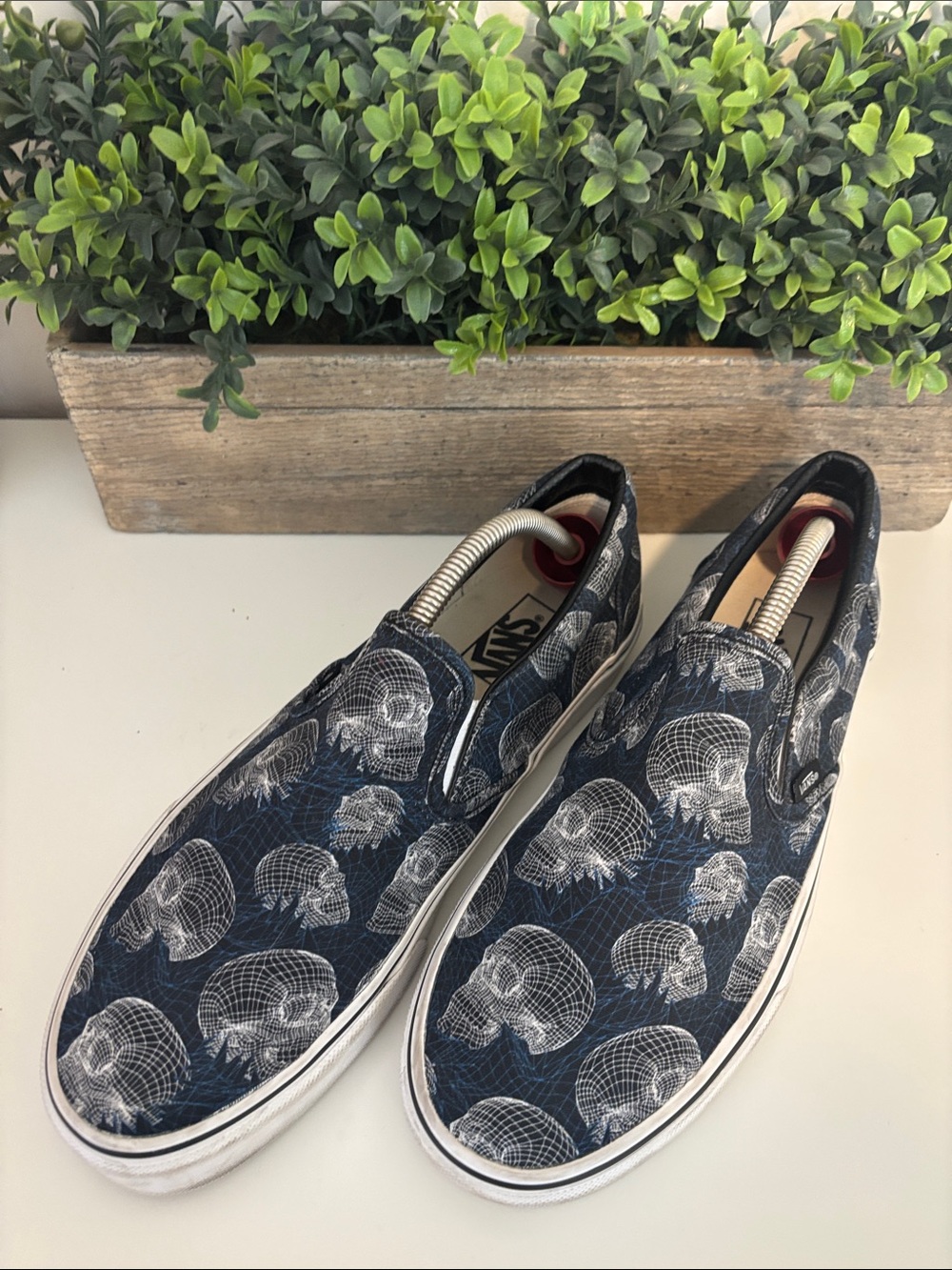 Vans Slip-On Shoes - Navy with White Skull Pattern